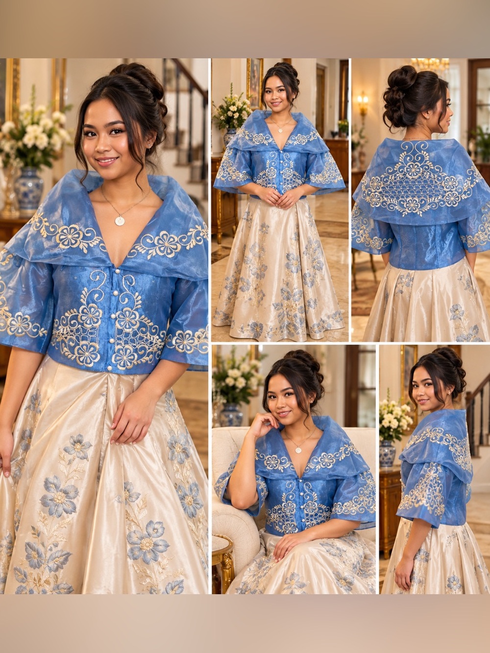 Dusty Blue Filipiniana Maria Clara Balona Blouse | Embroidered